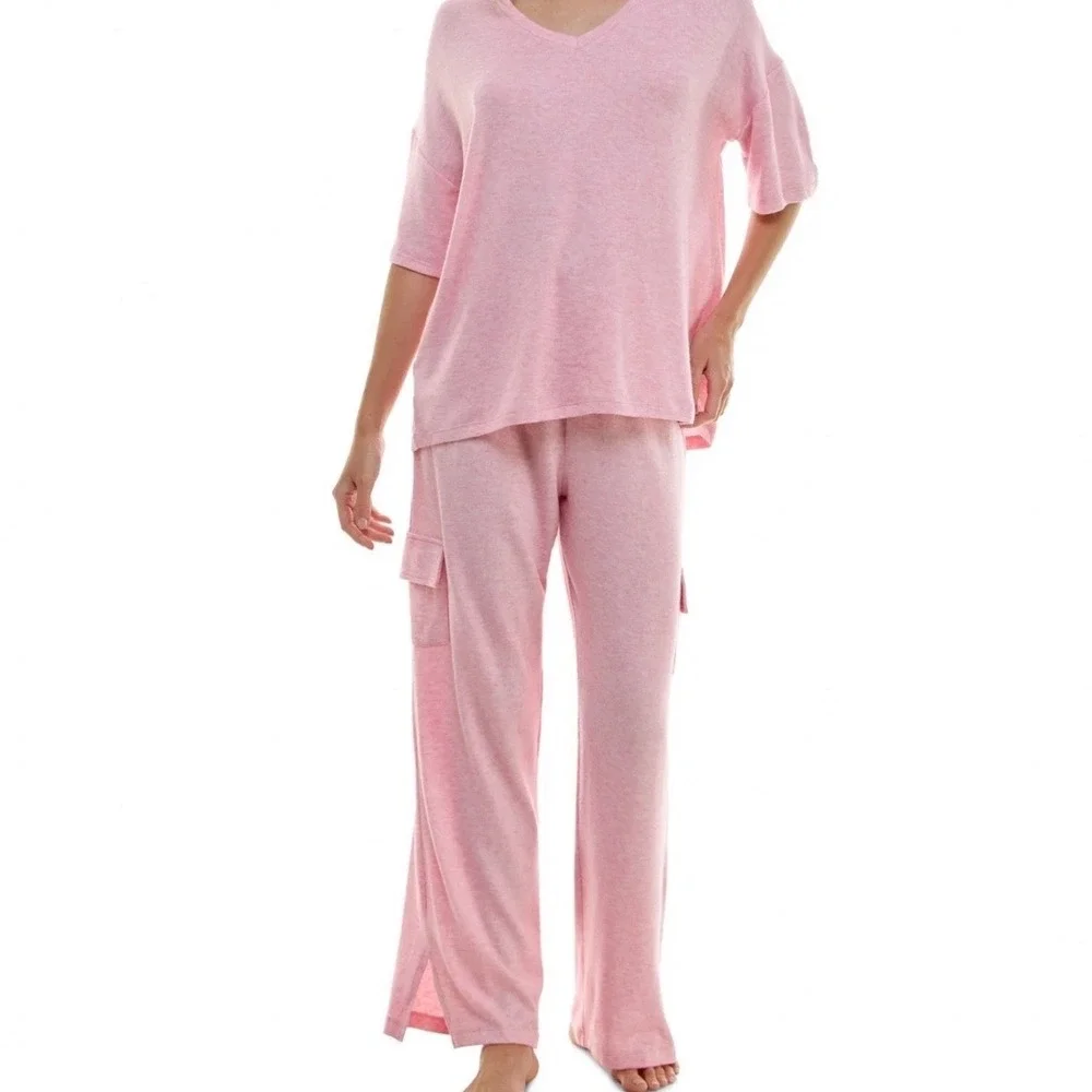 NEW Roudelain Womens 2pc M Loungewear Pajama Set Pink Cargo Pants V-Neck Top